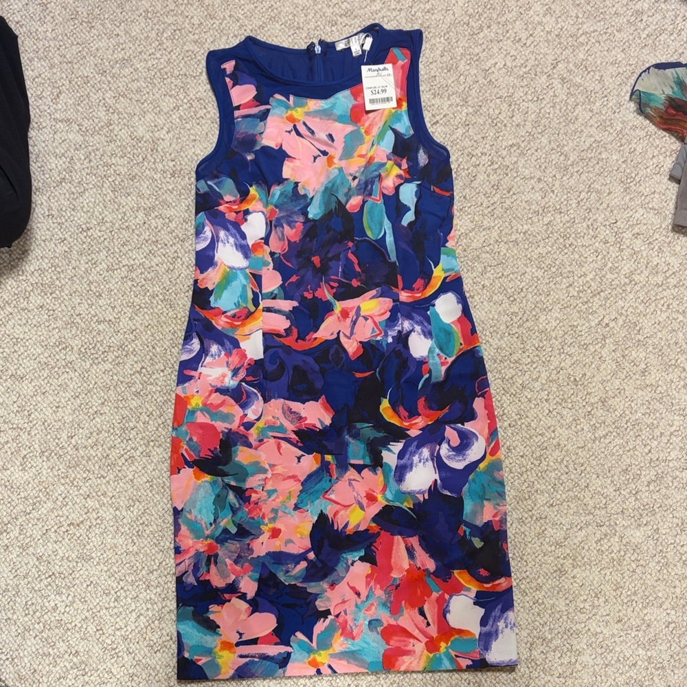 Spense Navy Floral Print Midi Sheath Dress